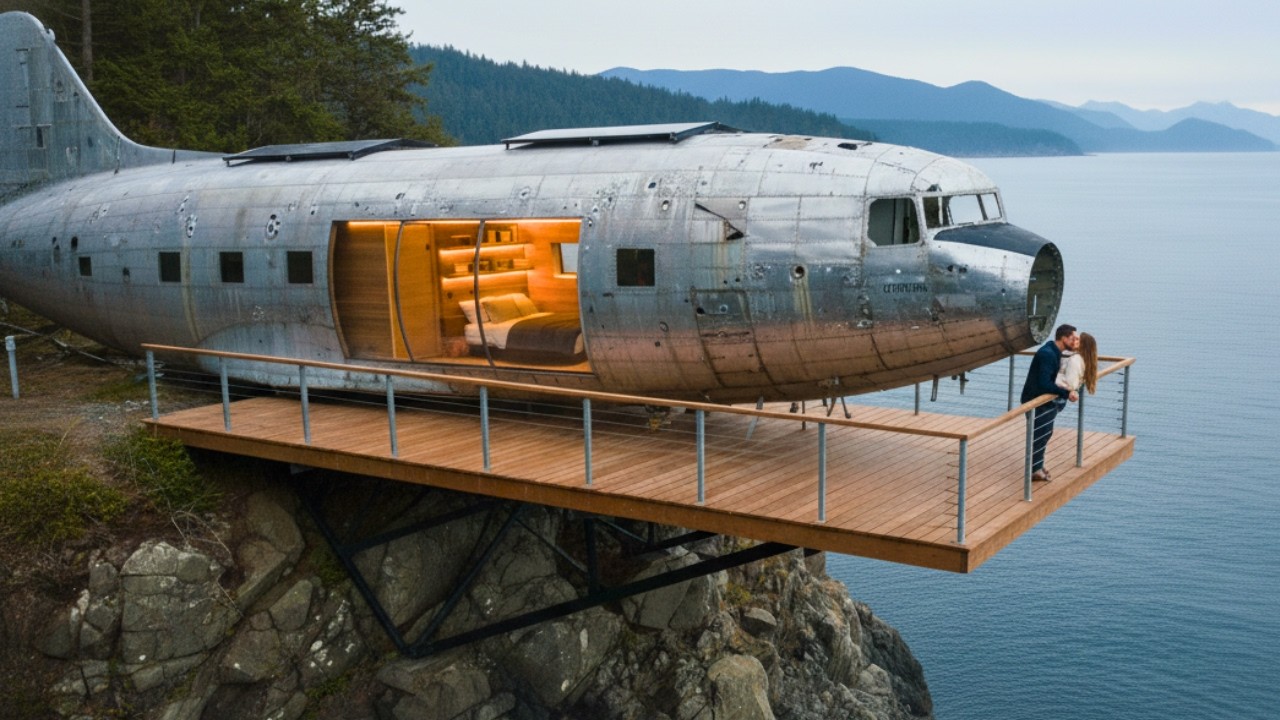 Abandoned C-47 Airframe Transformed Into a Modern Cliffside Home | Forest & Ocean ASMR Build