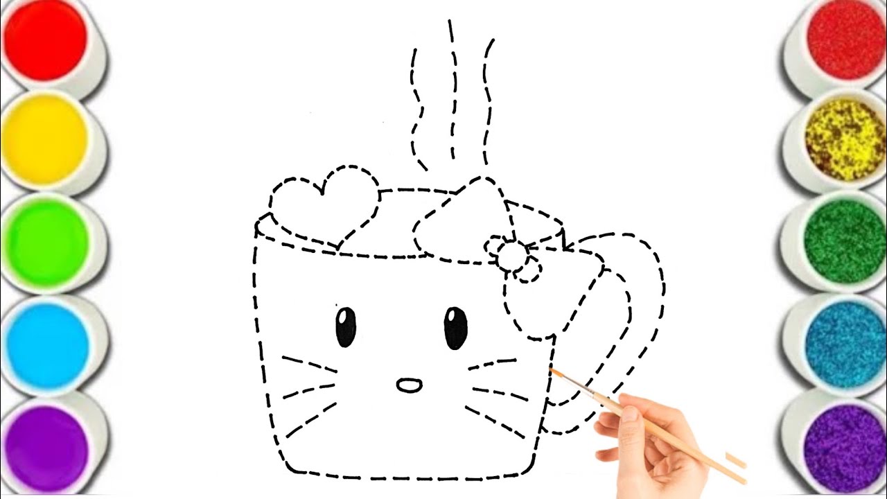 Hello kitty Tea Cup drawing,painting and coloring for kids and toddler, how to draw hello kitty cup