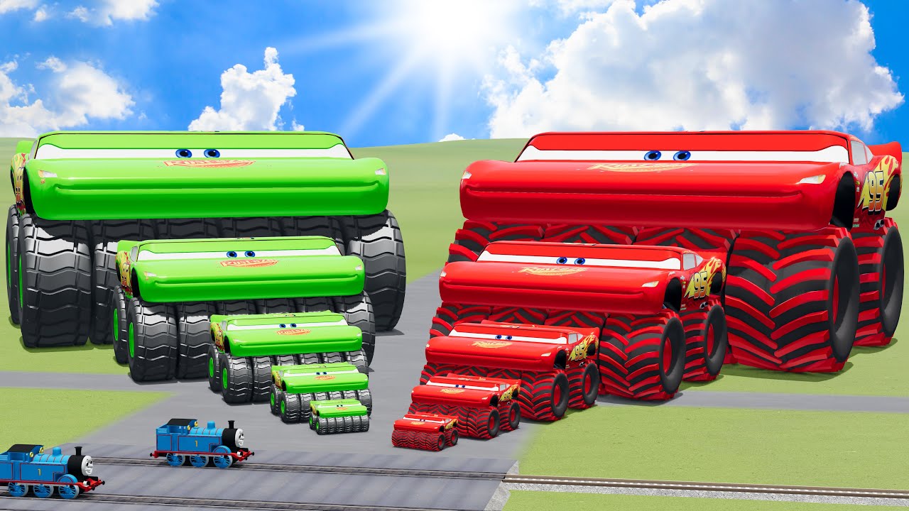 Big & Small Wide Red & Green Lightning Mcqueen Monster Truck vs Trains Thomas | BeamNG.Drive