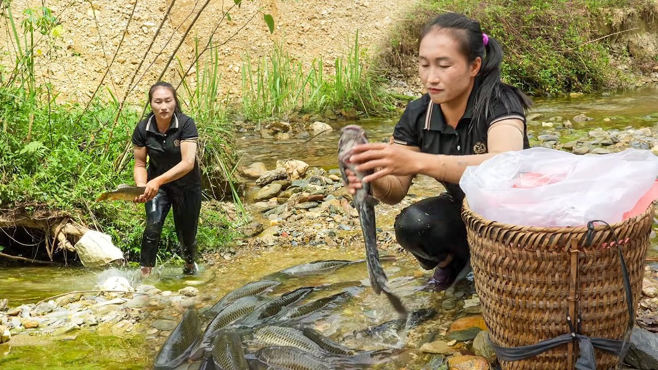 Battling the Icy Winter River, Catching Huge Fish Schools and Cooking a Survival Meal