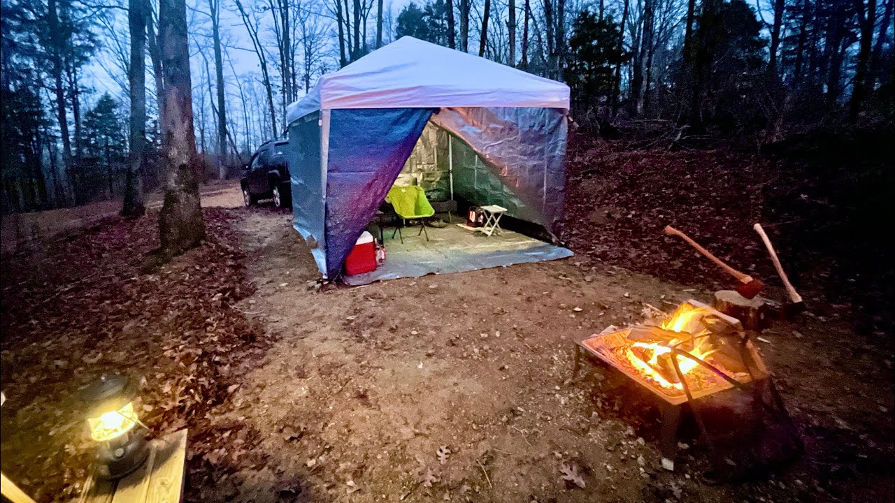 Camping in Make Shift Pop Up Tent Shelter | Hot Tent