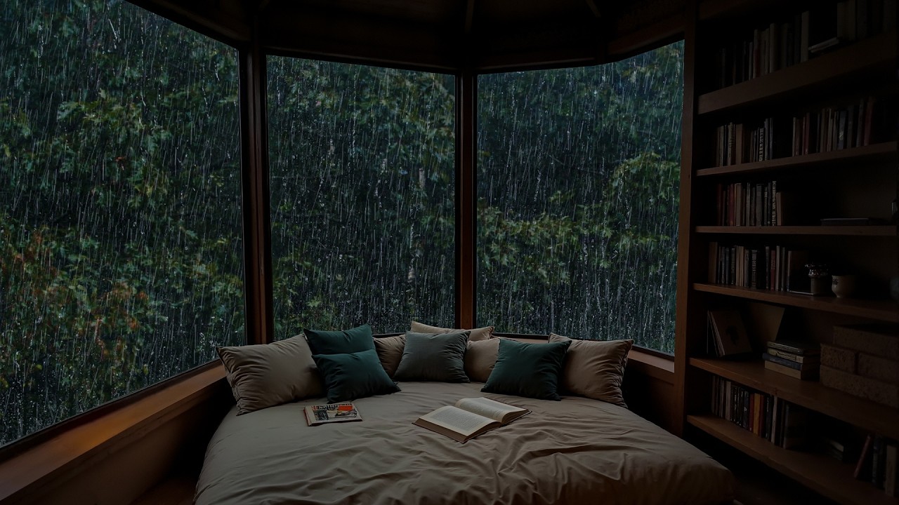 Rain Sounds in a Dark Bedroom (No Ads) - Relaxing Piano Ambience for Deep Sleep and Meditation