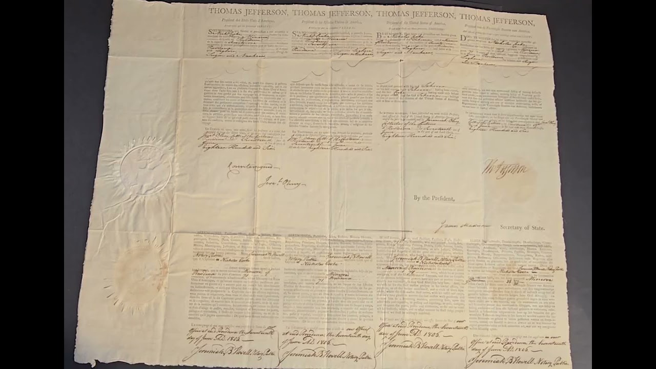 President  Thomas Jefferson and Future President James Madison signed 1806 Sea Letter