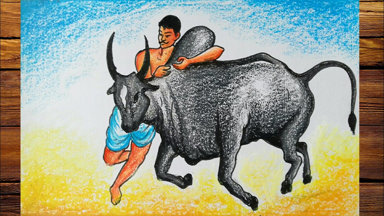 PONGAL JALLIKATTU DRAWING||HOW TO DRAW JALLIKATTU WITH PASTEL COLOR
