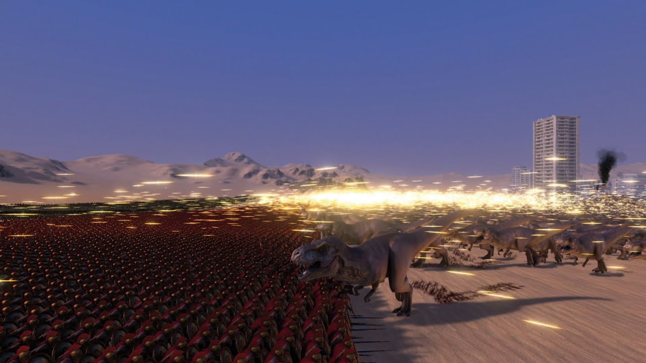 20,000 SPARTANS + 10,000 MODERN SOLDIERS VS 3000 T-REXES - UEBS MODS