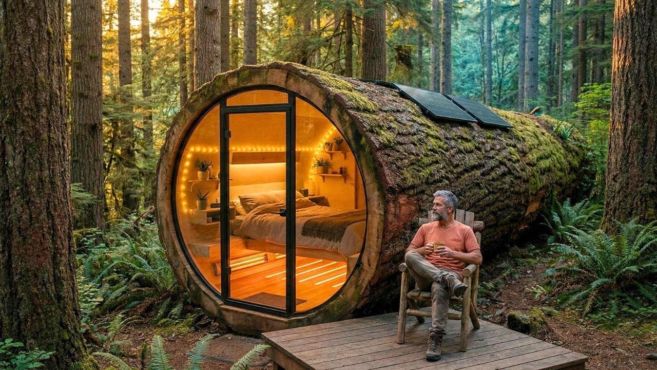Building a Modern Hidden Log Shelter with Heated Floor Inside a Massive Hollow Pine