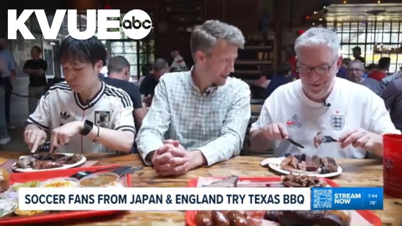 English, Japanese soccer fans try Texas BBQ for first time