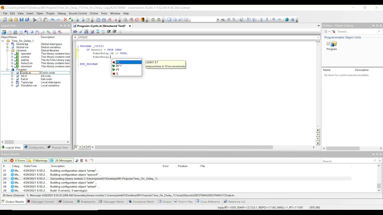 Пример таймера задержки в B&R Automation Studio