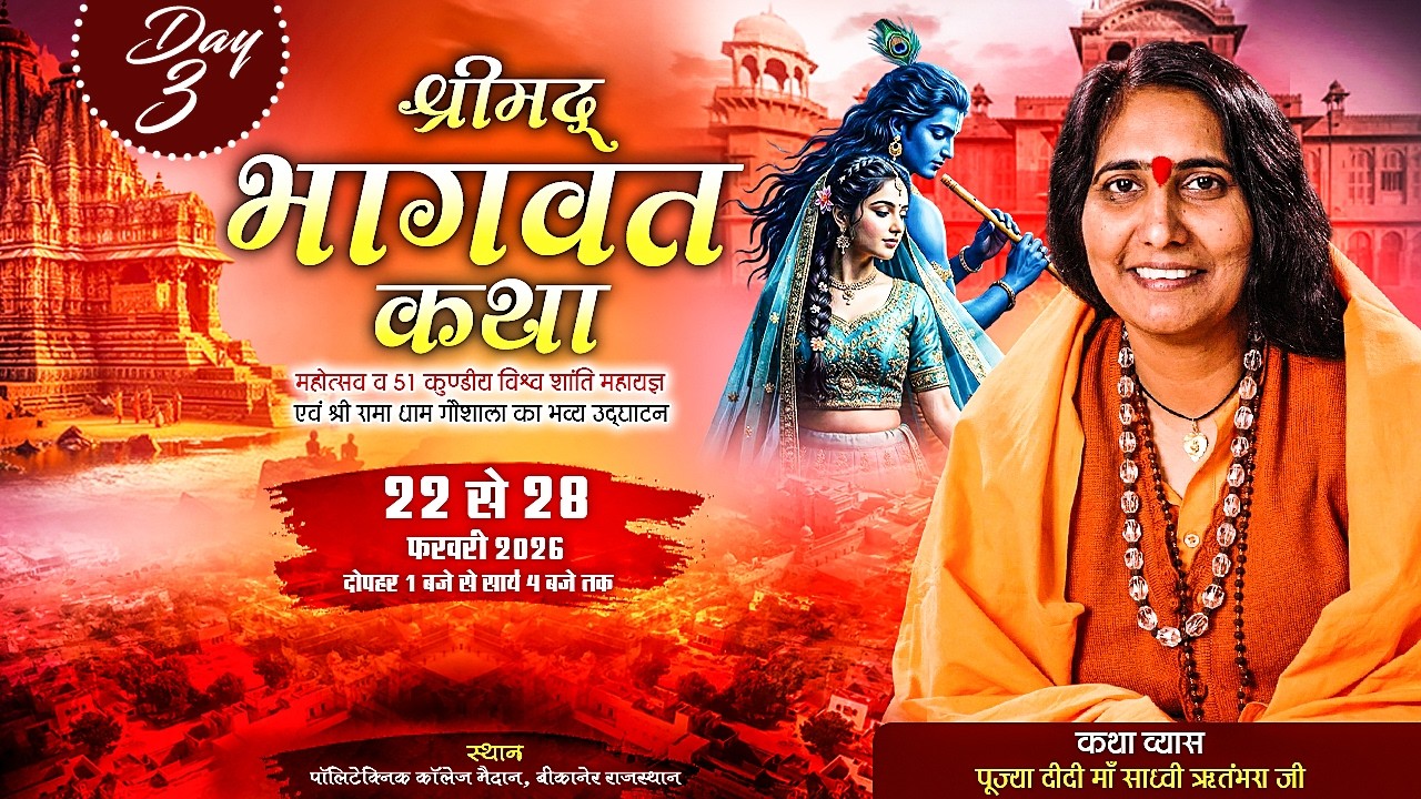 LIVE || Shrimad Bhagwat Katha || Sadhvi Ritambhara Ji || Bikaner, Rajasthan || Day-3 || Sadhna TV