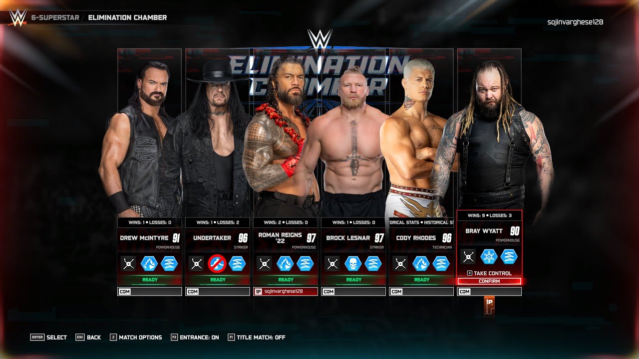 I played in legend difficulty as roman reigns in elimination chamber with all elimination | wwe2k25