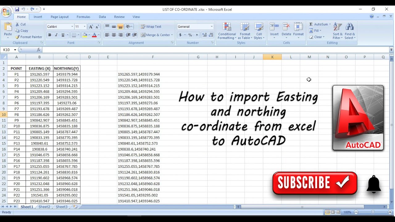 How to import Easting and Northing Co-ordinates from Excel to AutoCAD
