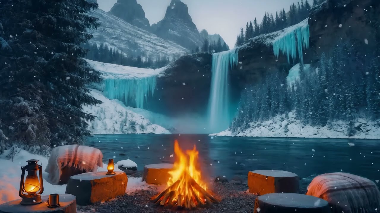 4K Campfire by Frozen Lake & Waterfall ❄️ 10 Hours Natural Sounds for Deep Sleep, Study & Relaxation