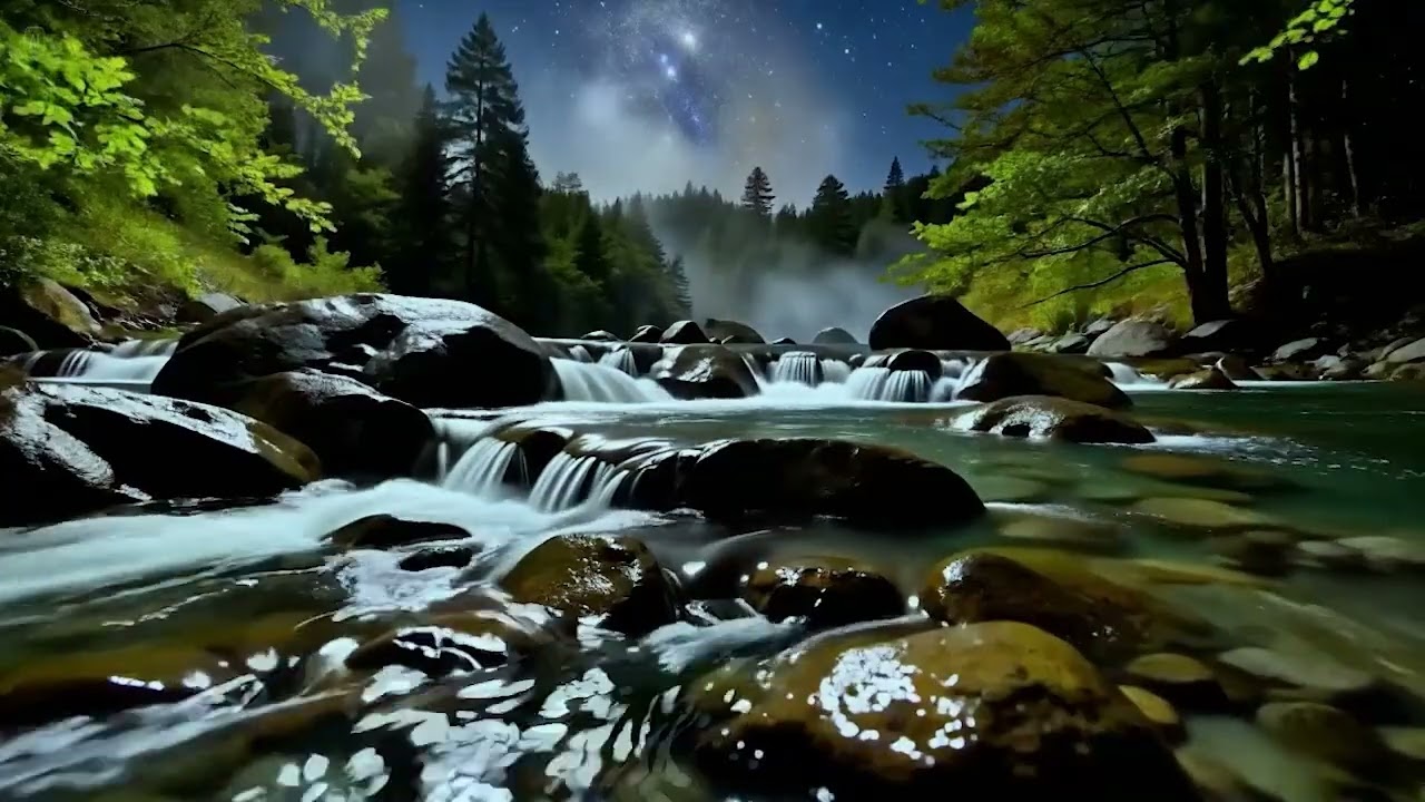 Peaceful Starry Forest Stream 🌌🌿💧 Gentle Waterfall Sounds for Insomnia Relief