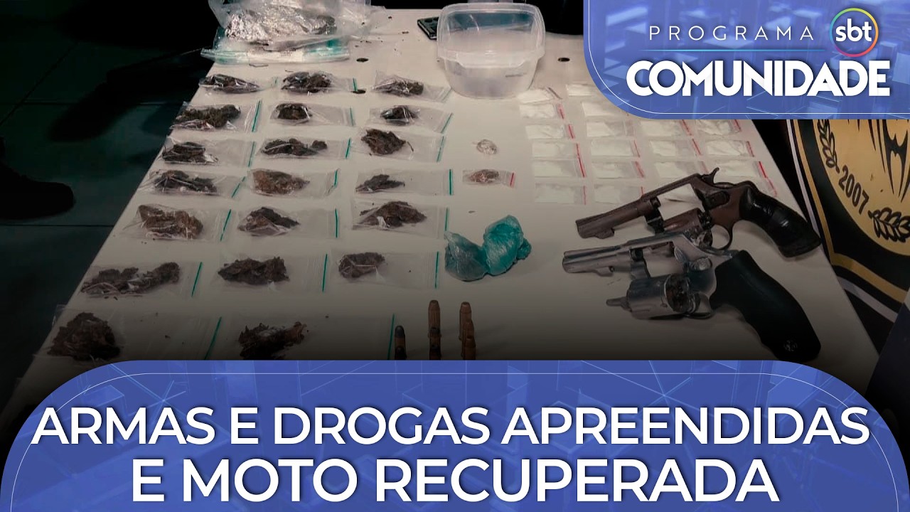 Armas e drogas apreendidas e moto recuperada