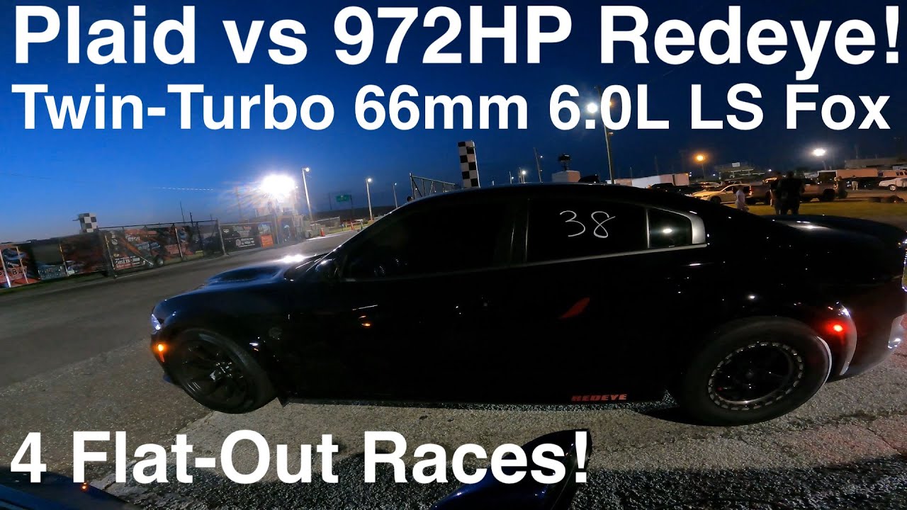 Plaid vs 972HP Redeye Charger and Twin-Turbo 66mm 6.0L LS Foxbody! 4 Flat-out Races in 4K UHD!