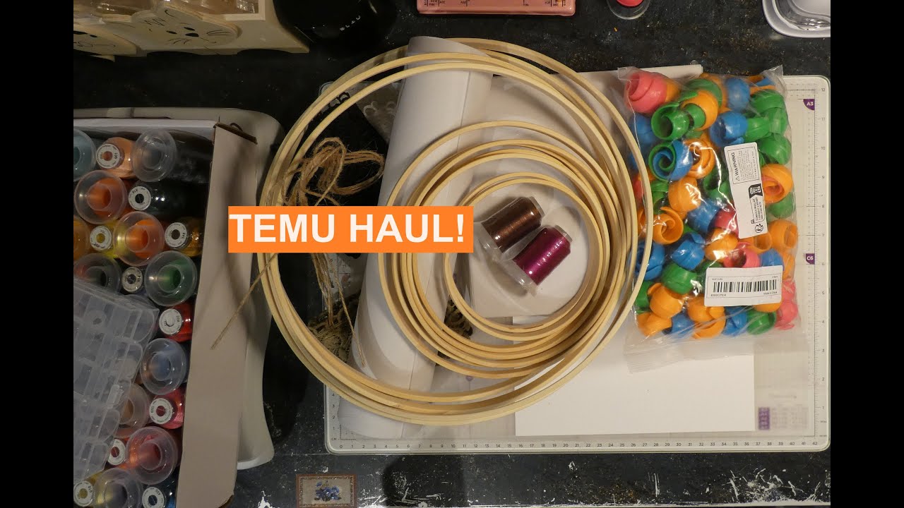 #Temu Haul,  Stickgarn, Holzringe, Spitze, Stickvlies, große Holzscheiben