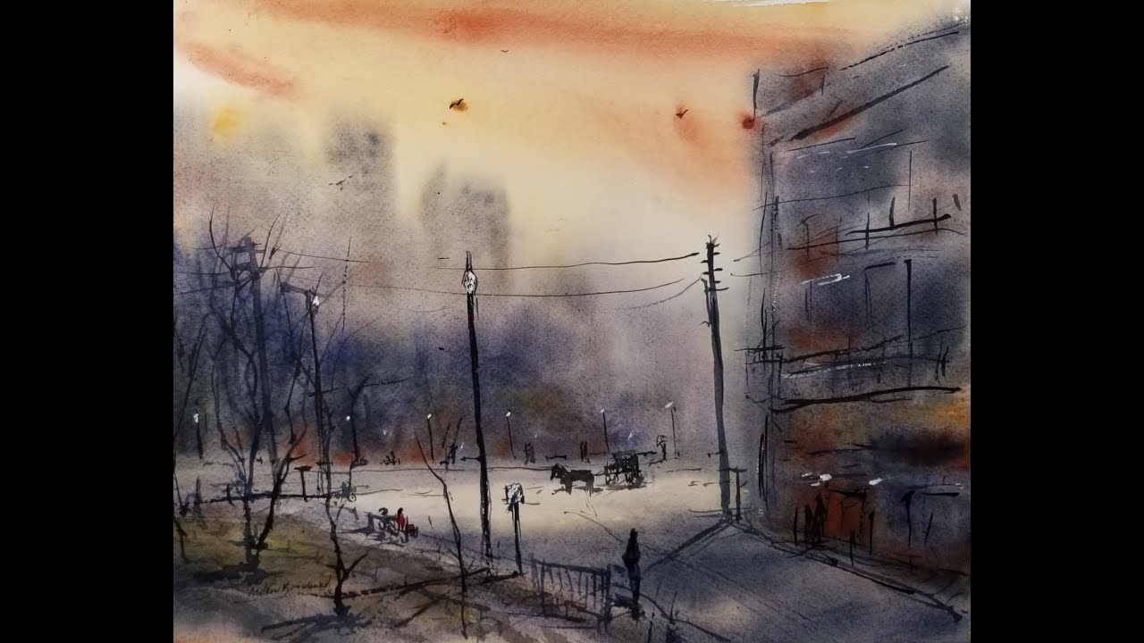Beginner Watercolor Landscape Tutorial 229: Autumn Evening in City Painting
