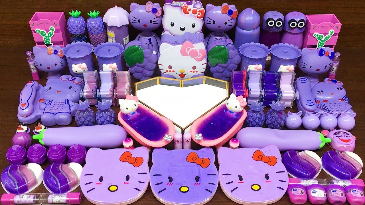 PURPLE HELLO KITTY Slime | Mixing Random Things into GLOSSY Slime! Satisfying Slime, ASMR Slime #693