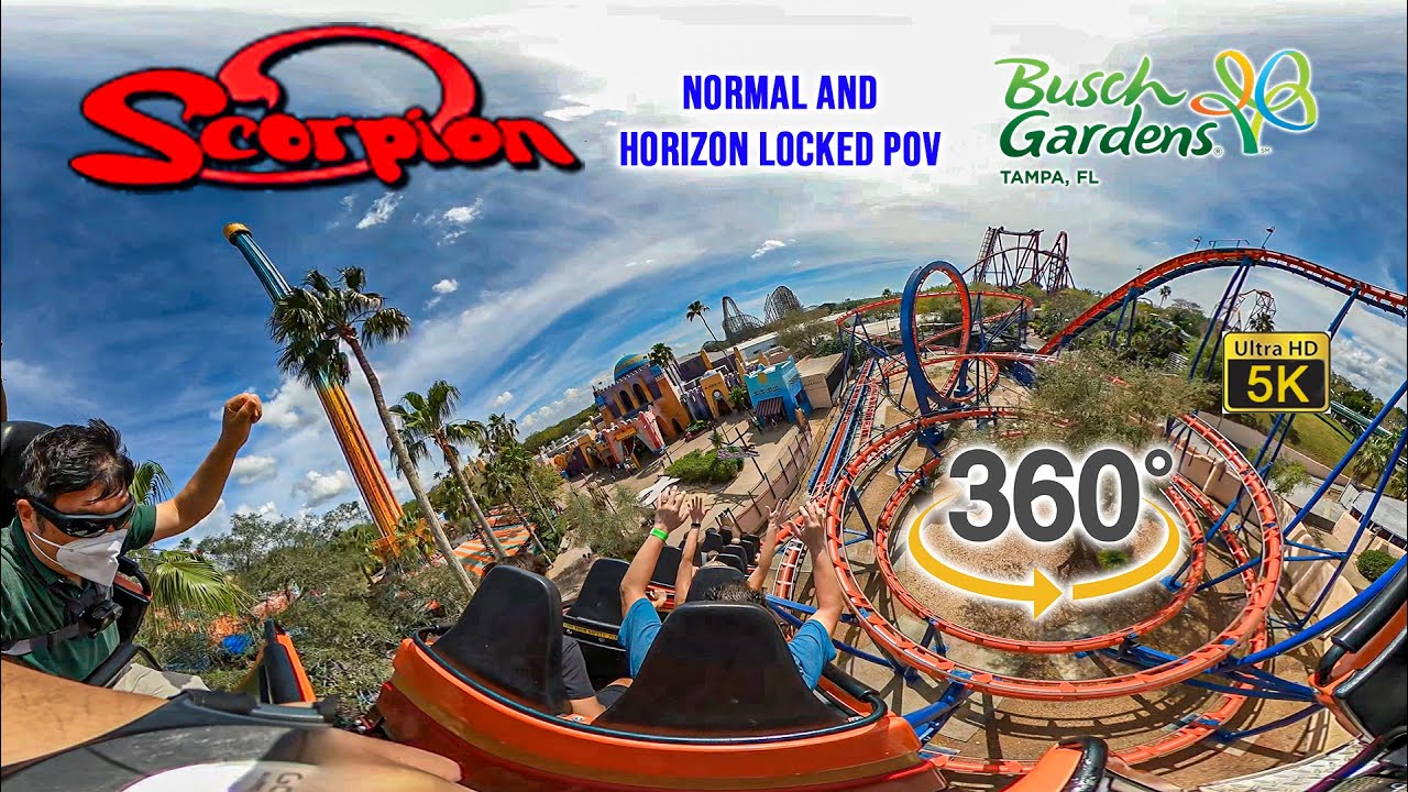 VR 360 5K Scorpion Roller Coaster Normal and Horizon Locked POV Busch Gardens Tampa 2021 03 02