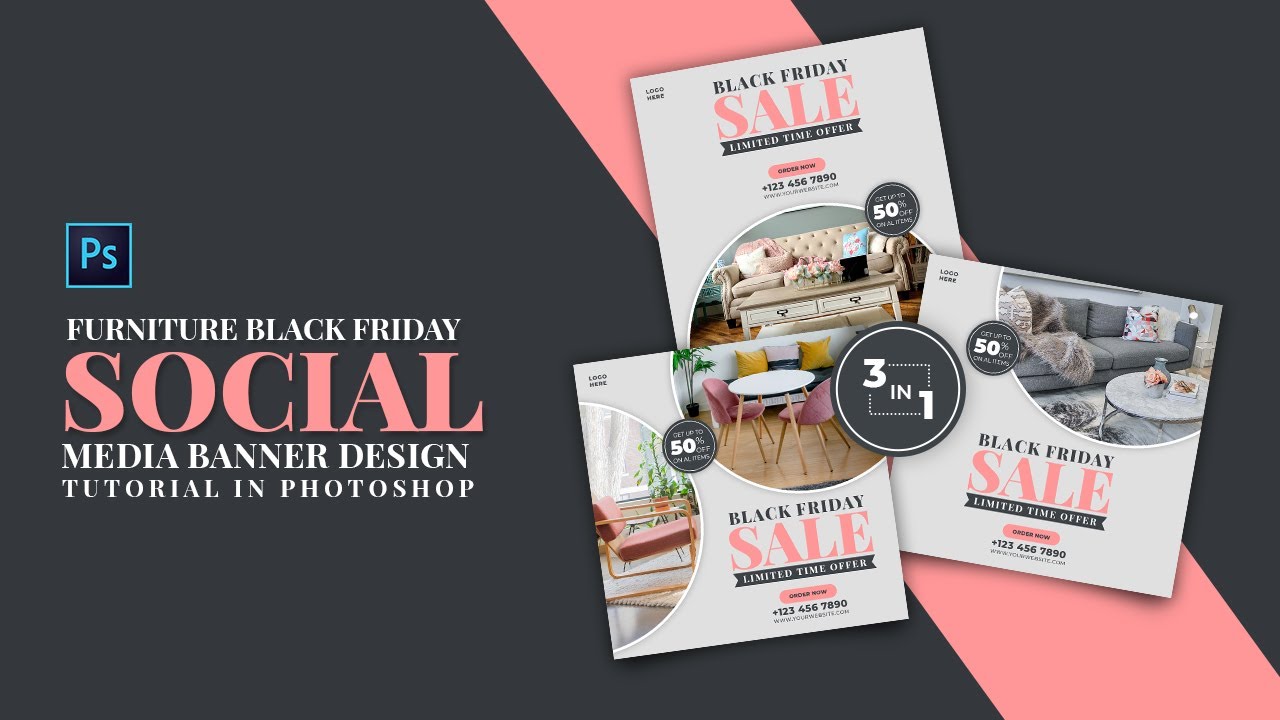 Furniture Black Friday Social Media Banners Design 3in1 | Adobe Photoshop Tutorial | Speed Art