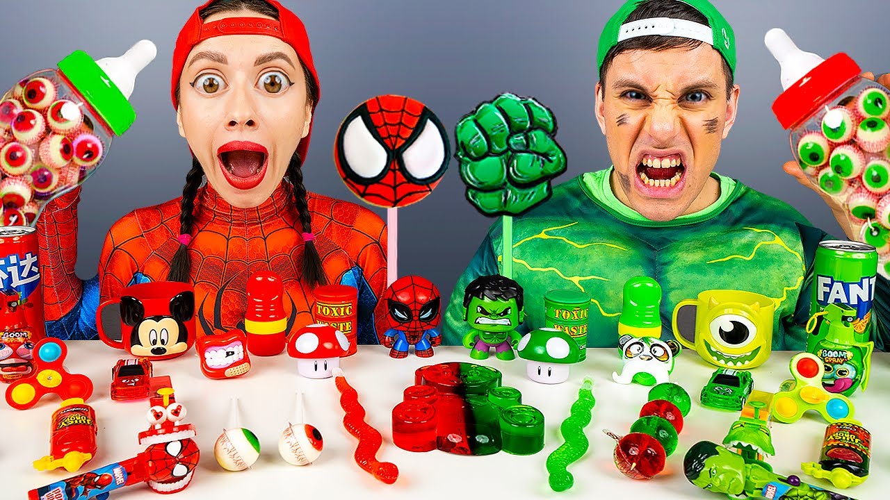 Red Food vs Green Food Challenge 레드 그린 푸드 챌린지 Hulk vs Spiderman Mukbang by HUBABANG