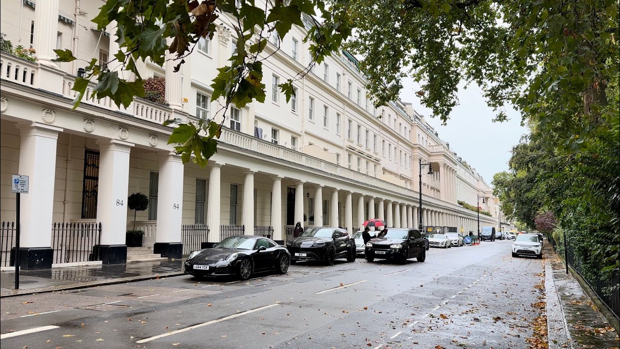 Rain in London - Belgravia Rainy Daytime Walking Tour 4K