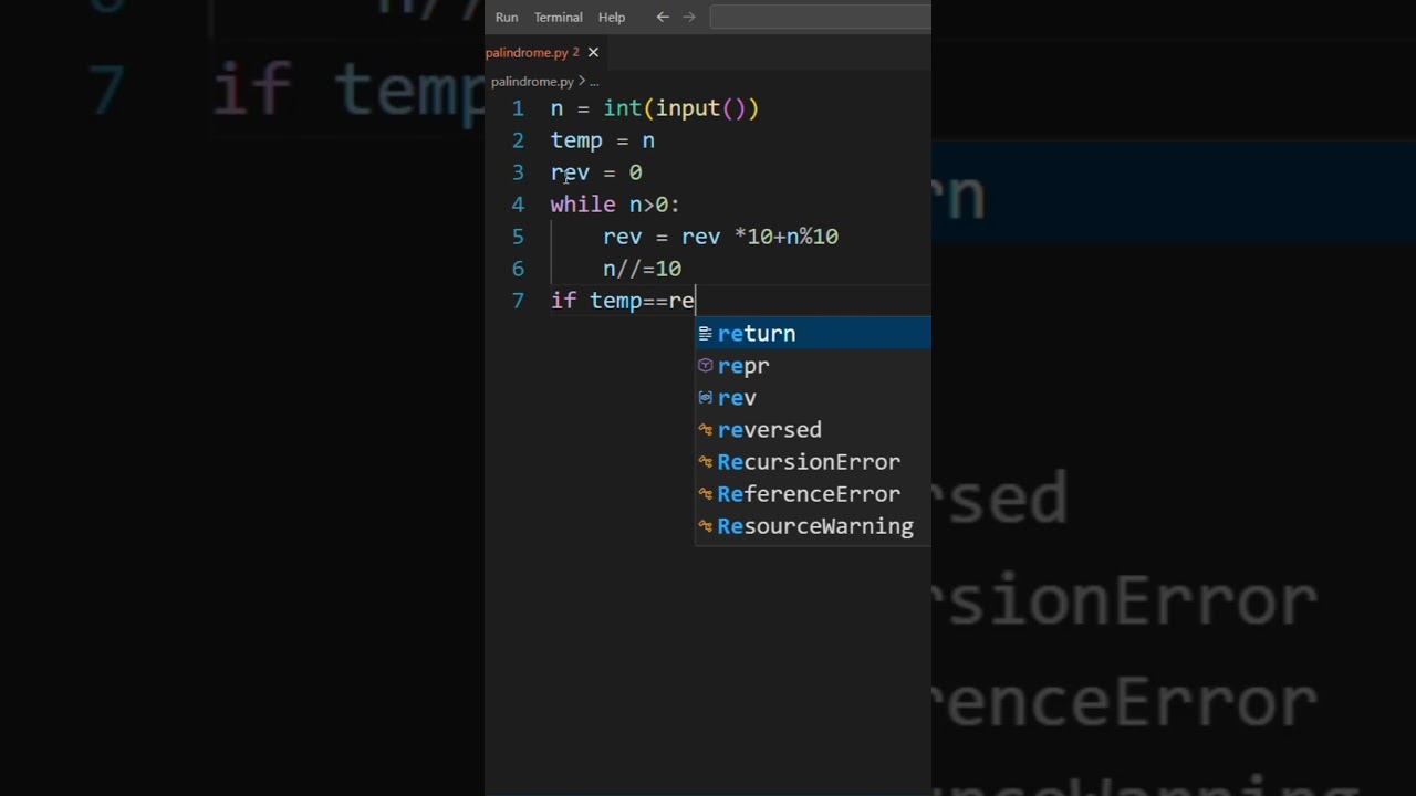 &ldquo;Python Magic ✨Check if a number is Palindrome in seconds!Simple logic, result 🐍🔥 #coding #python