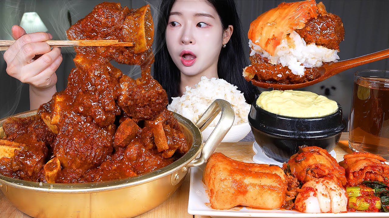 ASMR MUKBANG | Острые тушеные говяжьи ребрышки 🌶️ Кимчи, рис и приготовленные на пару яйца