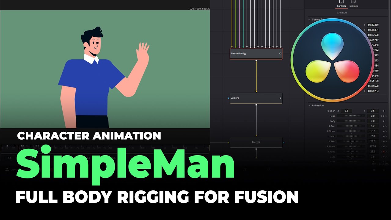 DaVinciResolve FUSION : Full Body Rig Tool. Animate a Character using SimpleMan . Free 2D Rigging