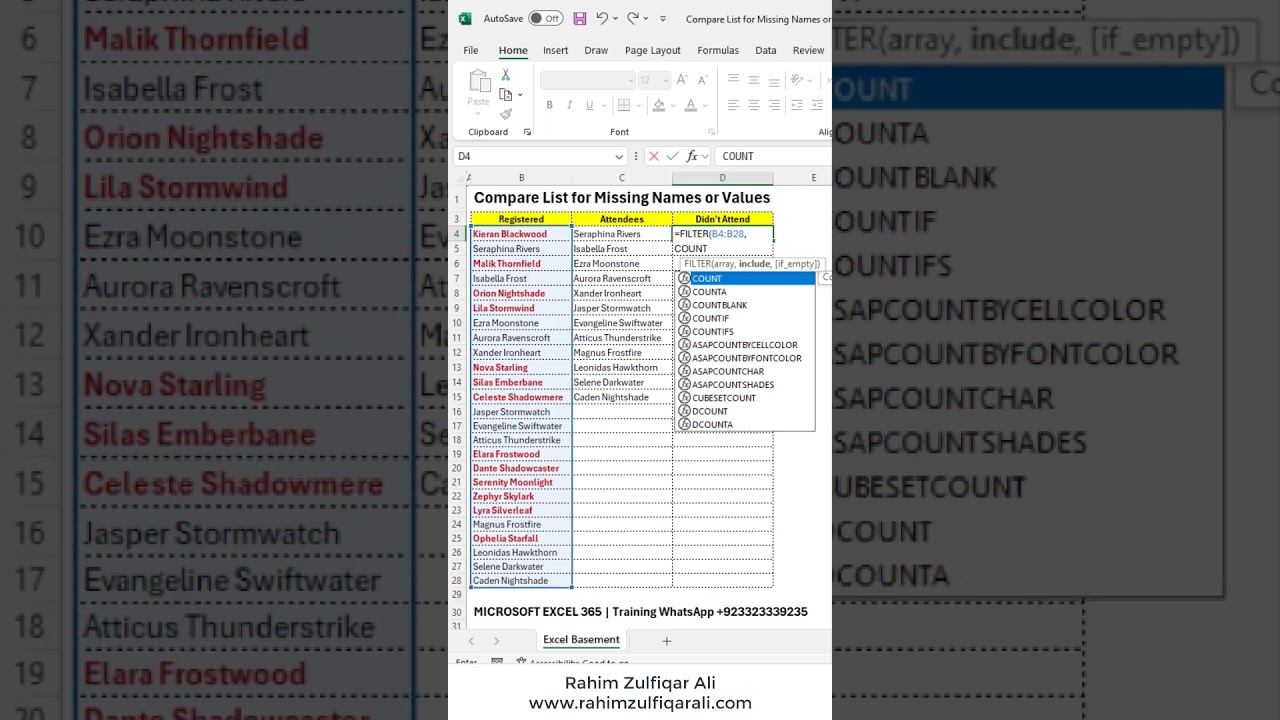 Compare List for Missing Names in Microsoft Excel 365 #shorts
