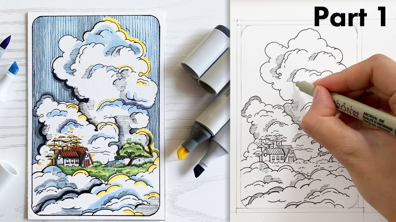How to Draw Cloud Landscape Scene with Pen & Marker | Part 1