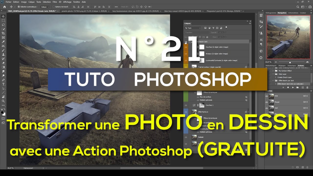 Transformer une photo en DESSIN avec une action photoshop GRATUITE