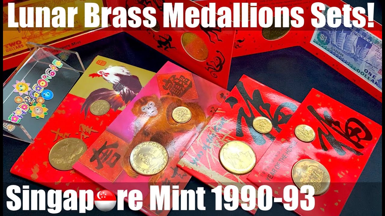 Lunar Brass Medallions ... Singapore 🇸🇬 Mint Lunar Gift Sets 1990-1993 Horse, Goat, Monkey & Rooster