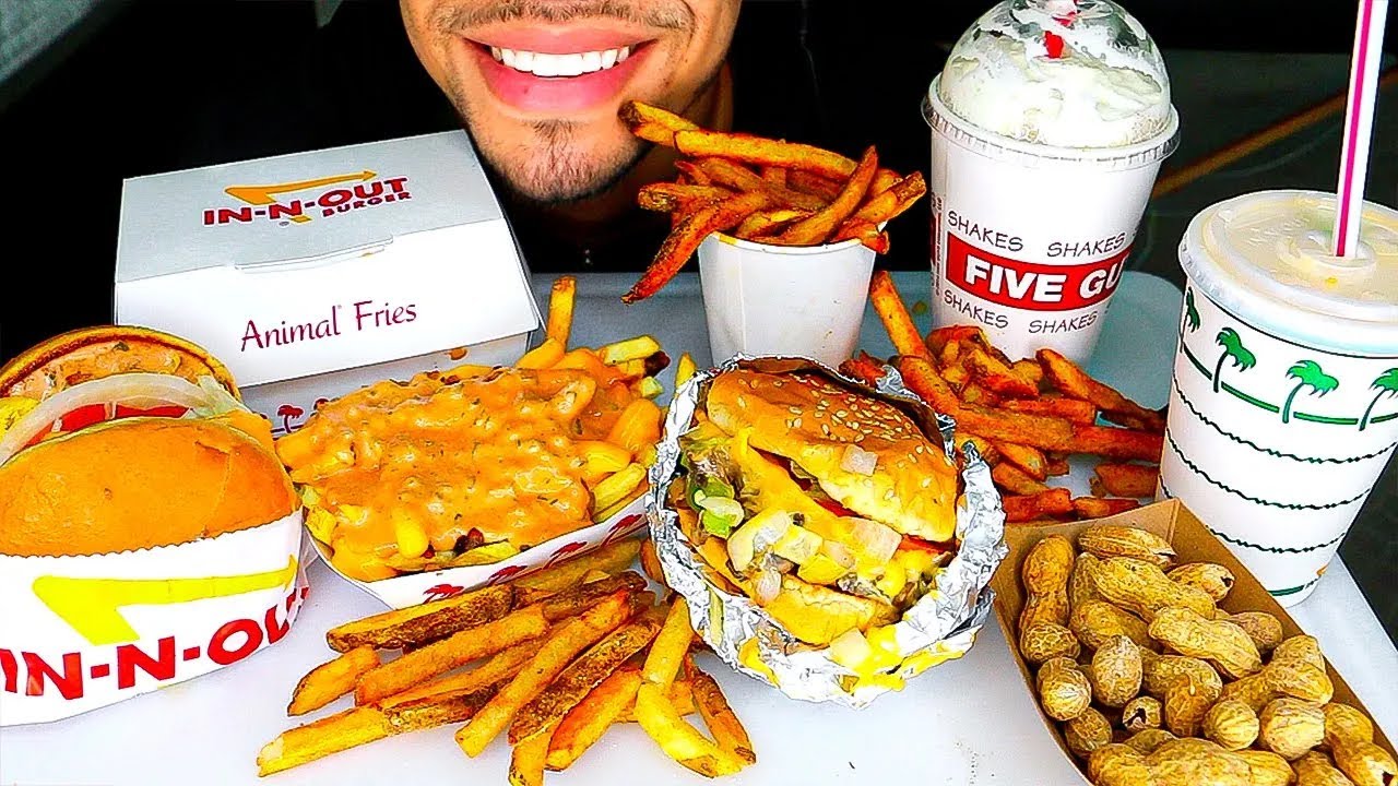 ASMR IN N OUT BURGER VS FIVE GUYS BURGERS AND FRIES JERRY NO TALKING MUKBANG 먹방