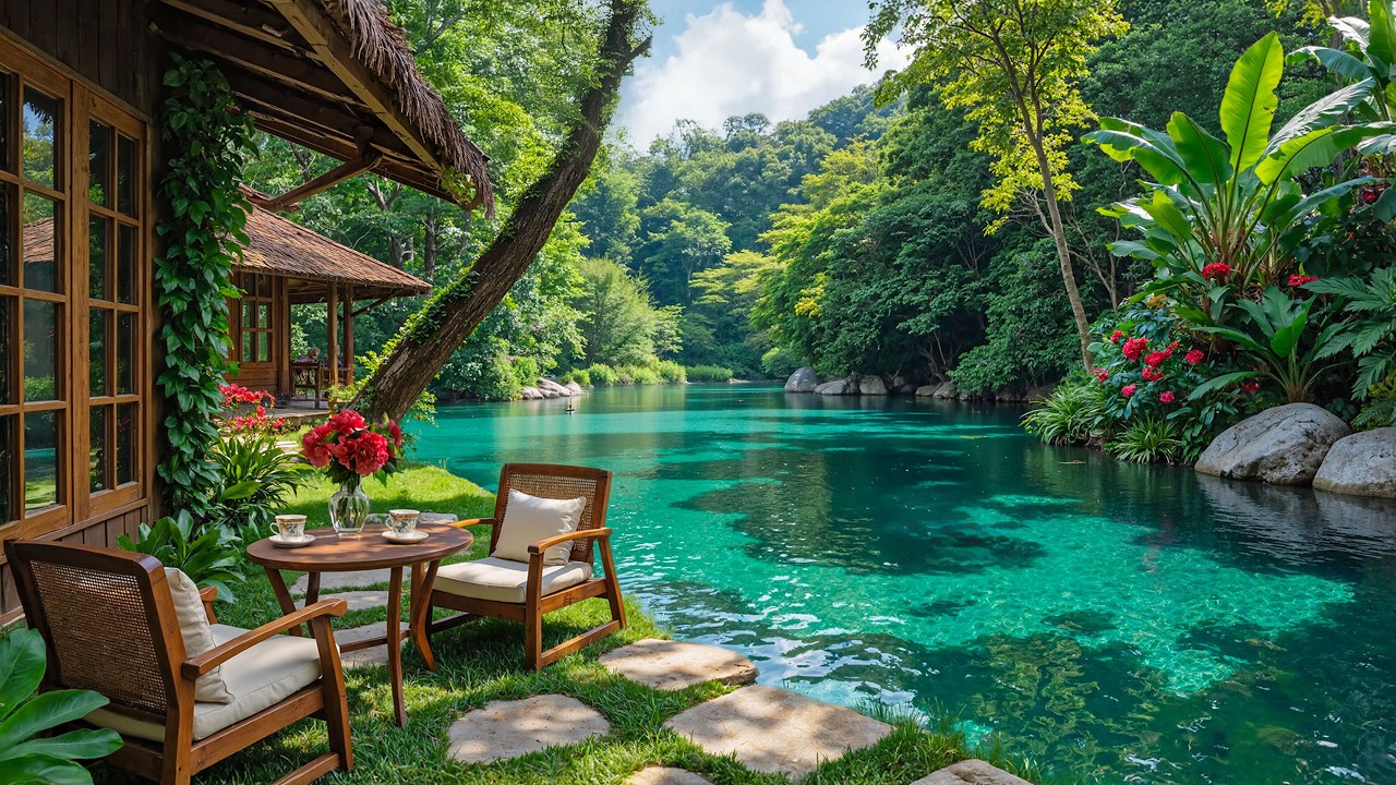 Утреннее сияние скрытой лагуны в формате 4K 🌿☕ Нежный джаз босса-нова и атмосфера природы для отд...