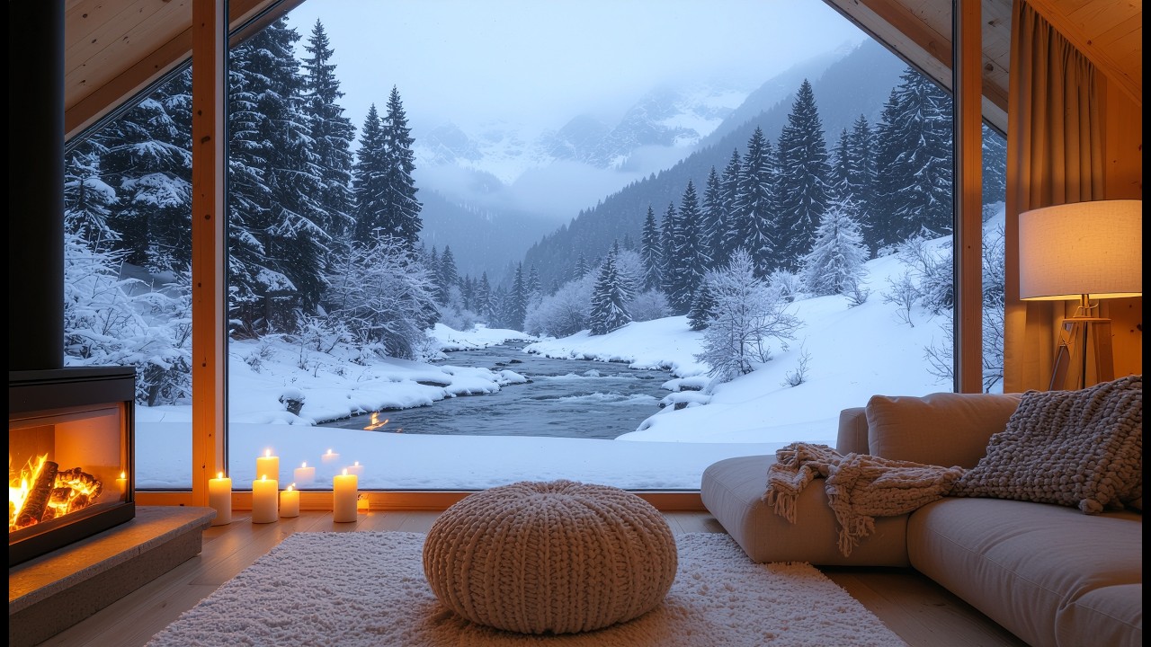 Cozy Winter Cabin Fireplace 🔥| Snowy Mountain View | 1 Hour Relaxing Ambience (4K)
