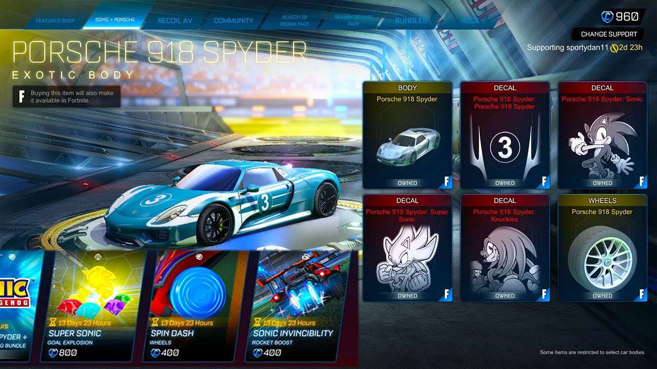 *НОВЫЙ* автомобиль Porsche 918 Spyder в магазине предметов Rocket League и предметы Соника в мага...