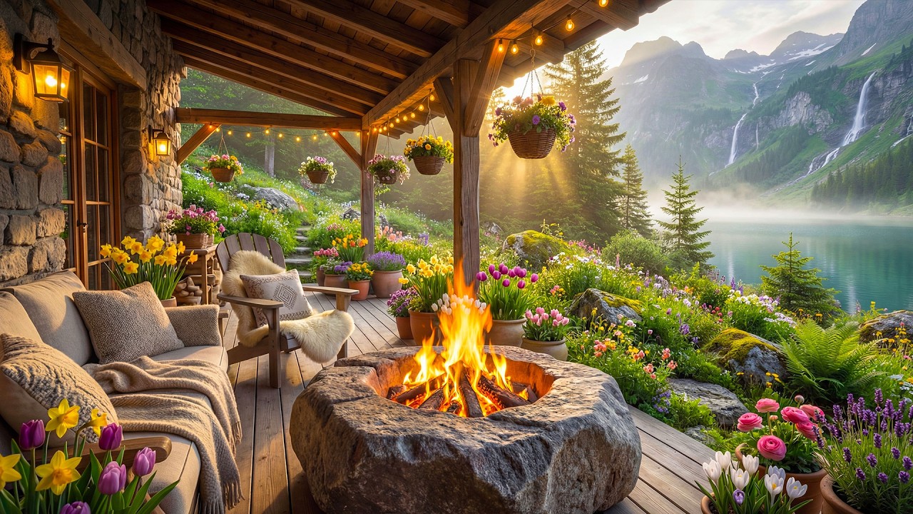 Soothing Spring Mountain Cabin Porch by the Lake 🌸🔥 Cozy Fire Ambience, Birdsong & Nature Sounds