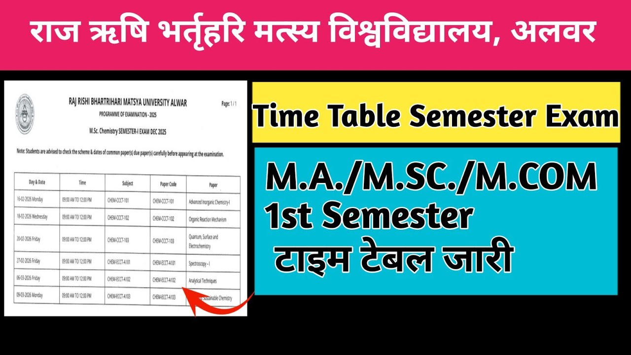 Matsya University Time Table M.A./M.SC./M.COM. 1st Semester Exam 2026