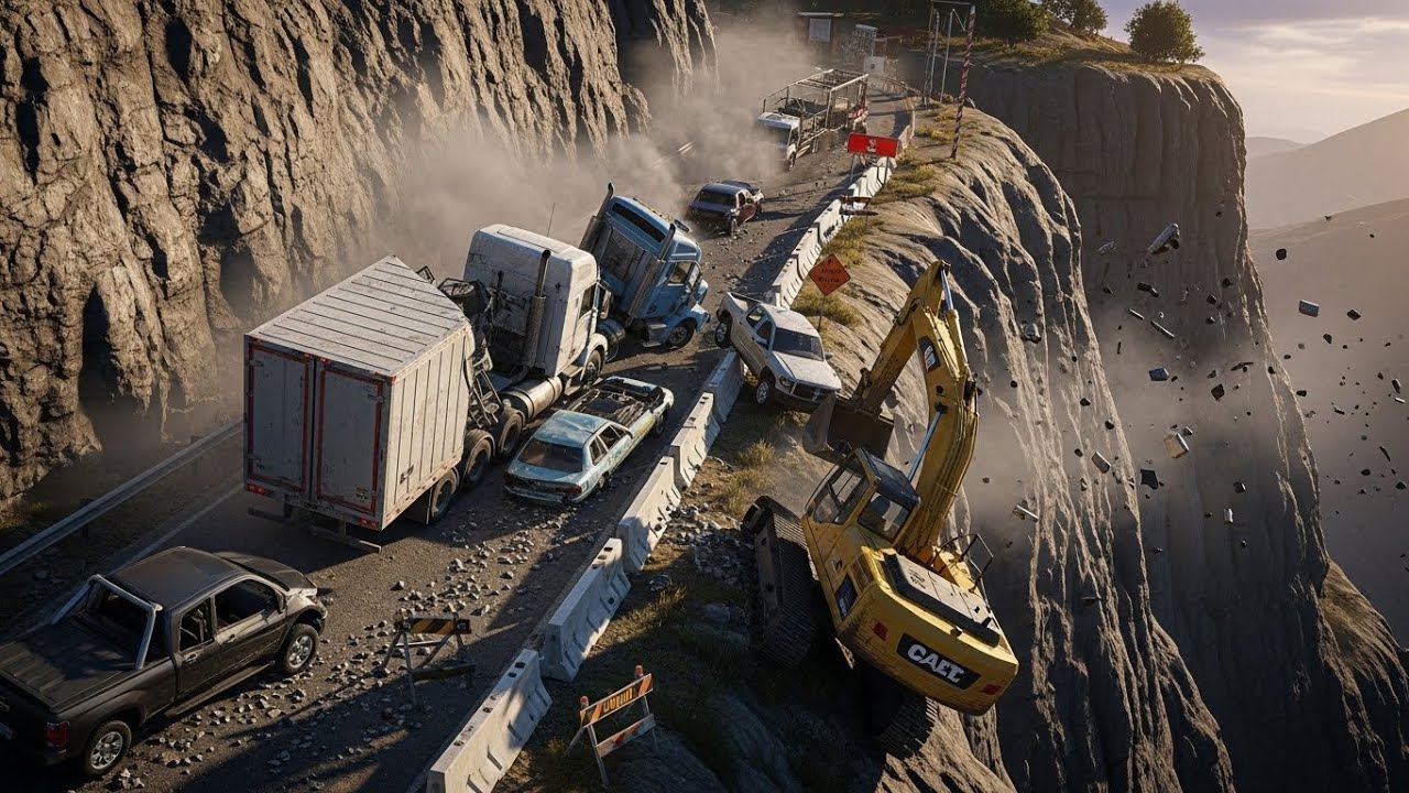Downhill Construction Road Cliff Drop – Multi-Vehicle Chaos Beamng.drive