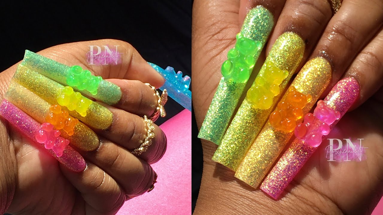 RAINBOW GLITTER GUMMY BEAR NAILS 🌈🧸| ACRYLIC NAIL TUTORIAL