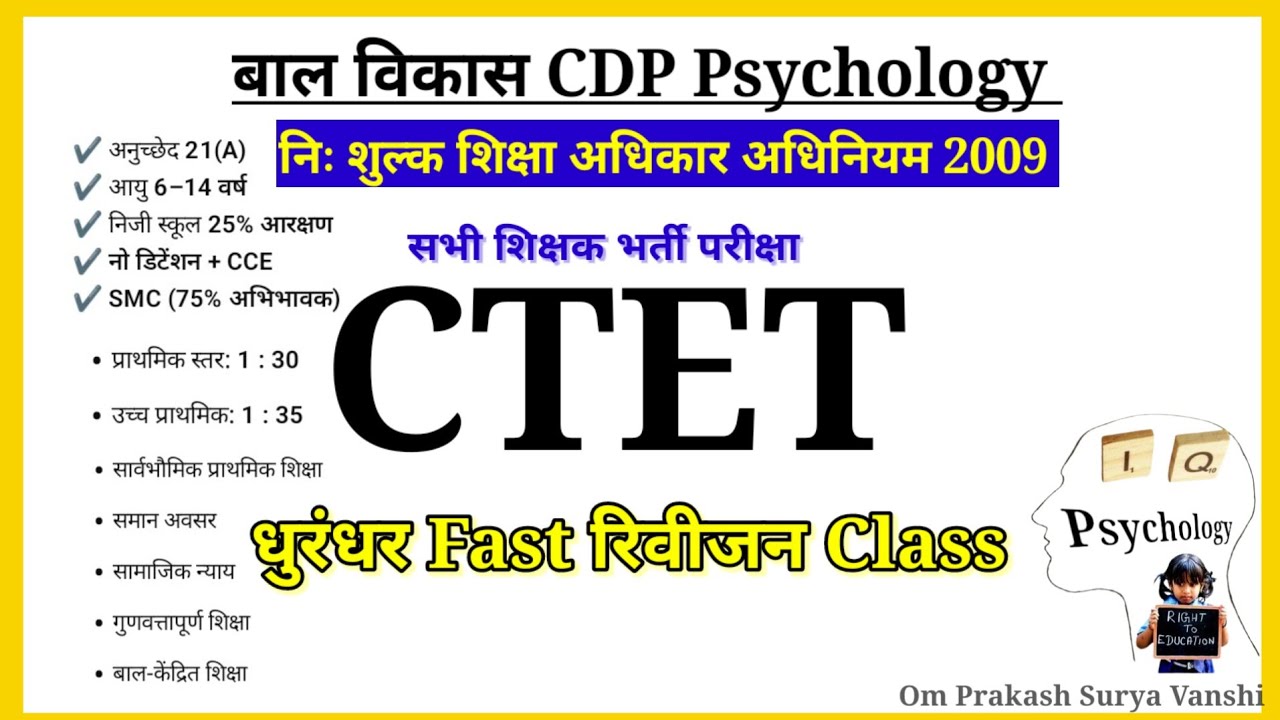 RTE Act 2009 निः शुल्क शिक्षा अधिकार अधिनियम। बाल विकास CDP Psychology CTET REET MP TET UPTET