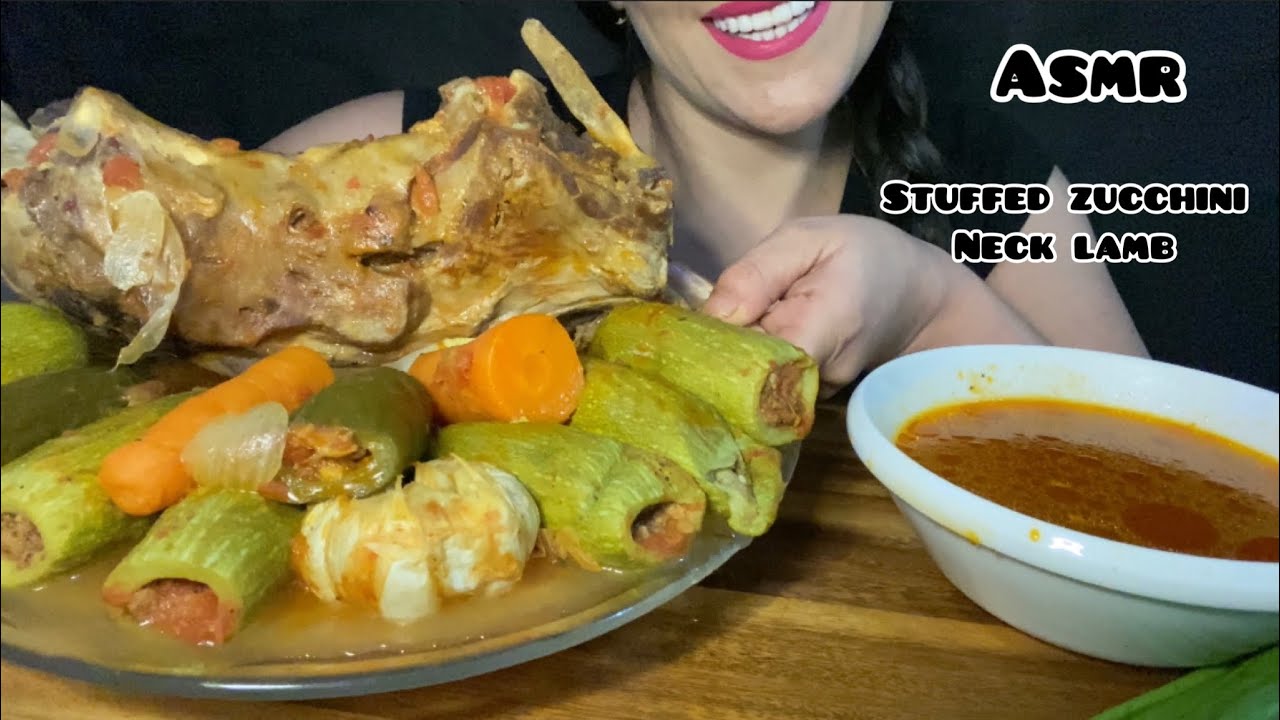 Asmr cook and eat neck lamb stew | stuffed zucchini without rice رقبة الخروف ومحشي كوسا بدون الارز
