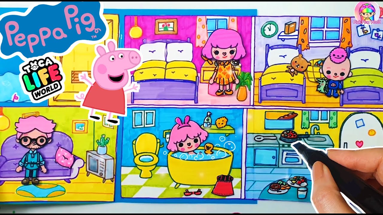 How to draw Toca Boca Peppa Pig Characters & House DIY Paper Quiet Book - Toca Life World