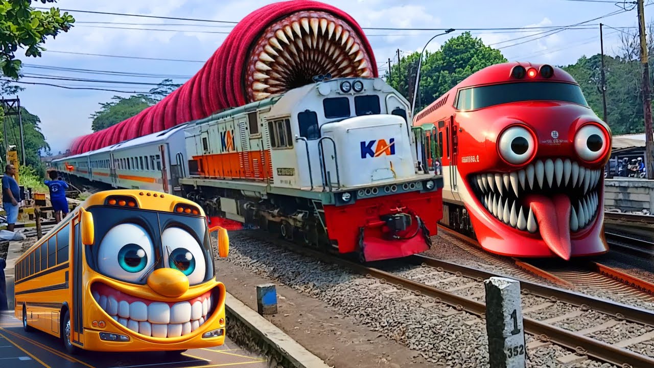 Penampakan kereta api berubah kereta hantu, keretakrl eater, bis pariwisata monster, bear lokomotif