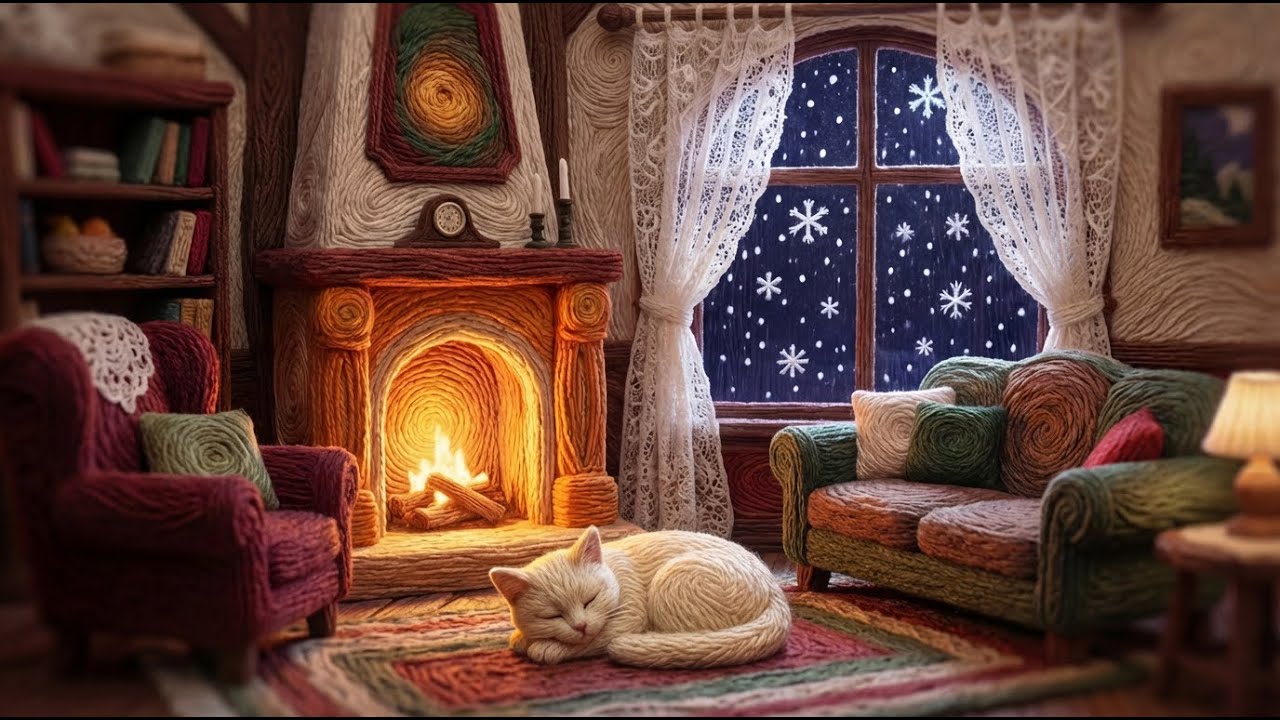 Deep Sleep in a Knitted World 🧶 Softest Fireplace & Snow Ambience (No Music)