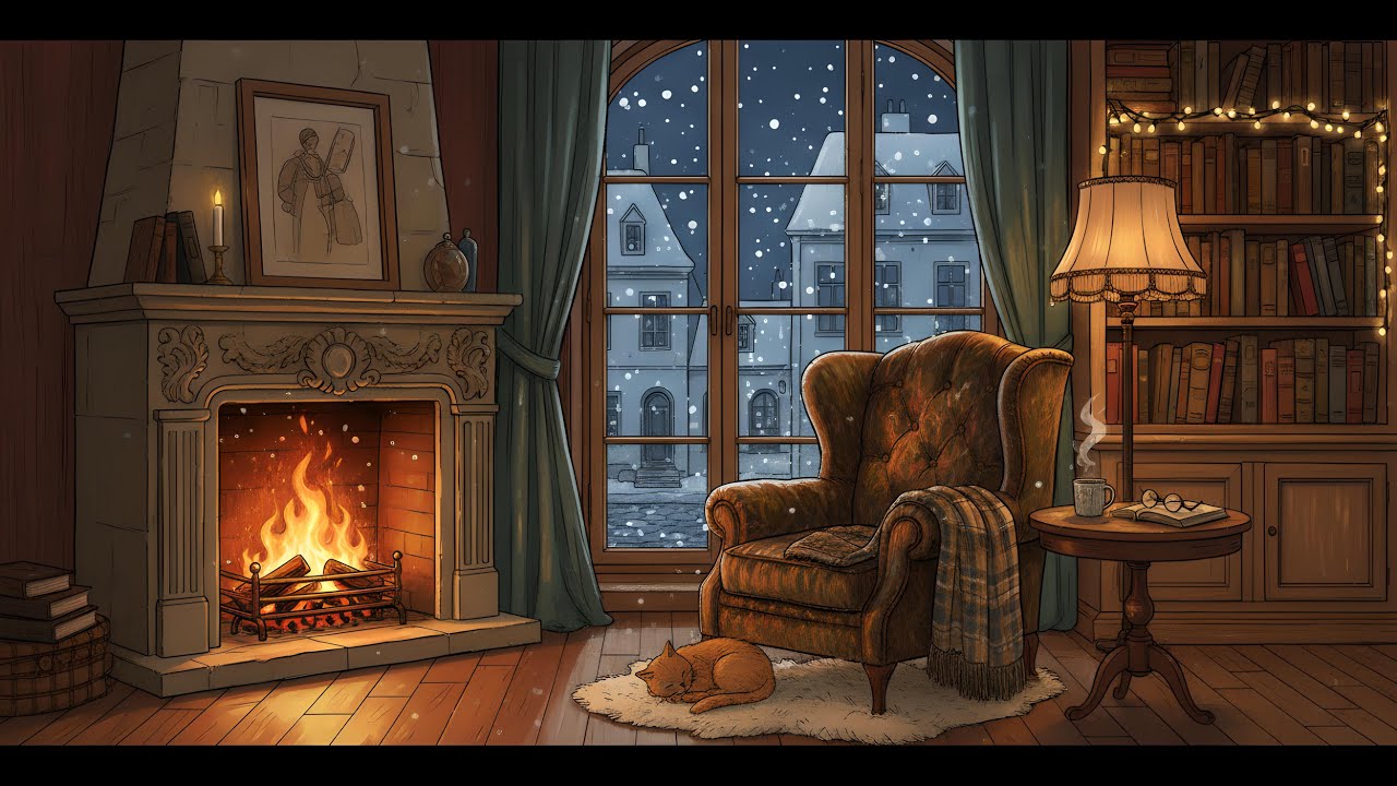 1950s cozy night by the fire, oldies playing softly in the next room (relax/study/sleep)