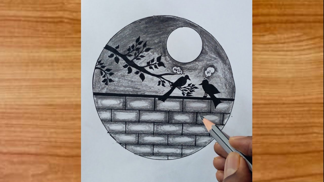 Moonlight Bird Drawing 🌙✨ | Easy Pencil Sketch of Two Birds on Wall | Romantic Scenery Art