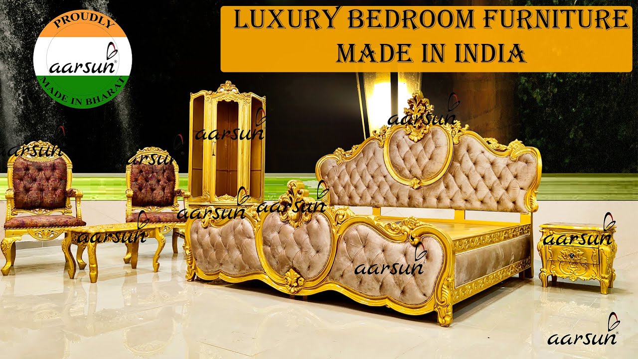 #259 Royal Bedroom Furniture in Luxury Metallic Gold Paint & Tufted Fabric | Exemplary Art of India