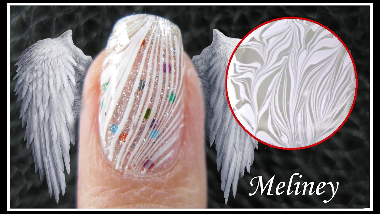WATER MARBLE NAIL ART | WHITE FEATHER ANGEL WING DESIGN | EASY HOW TO STEP BY STEP TUTORIAL